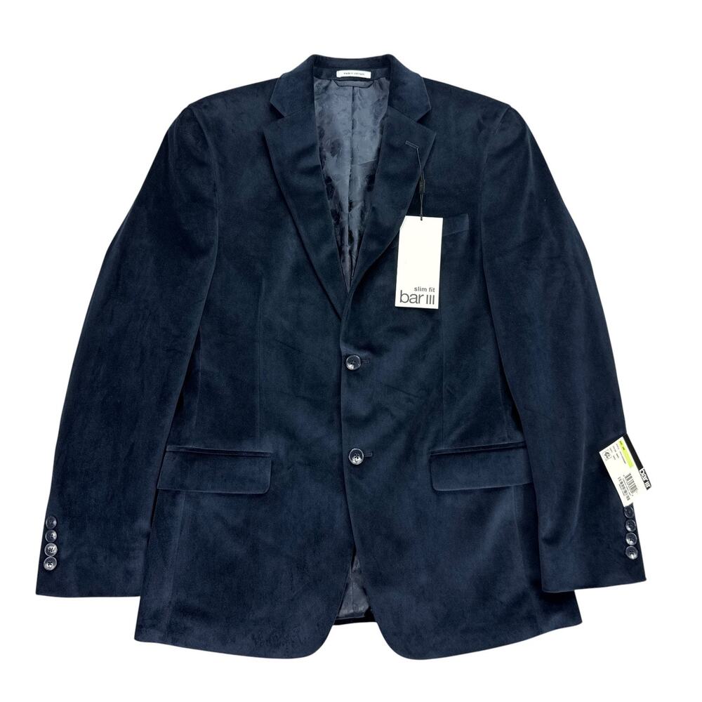 Bar III Mens Slim Fit Velvet Solid Sport Coat Navy Blue 38R